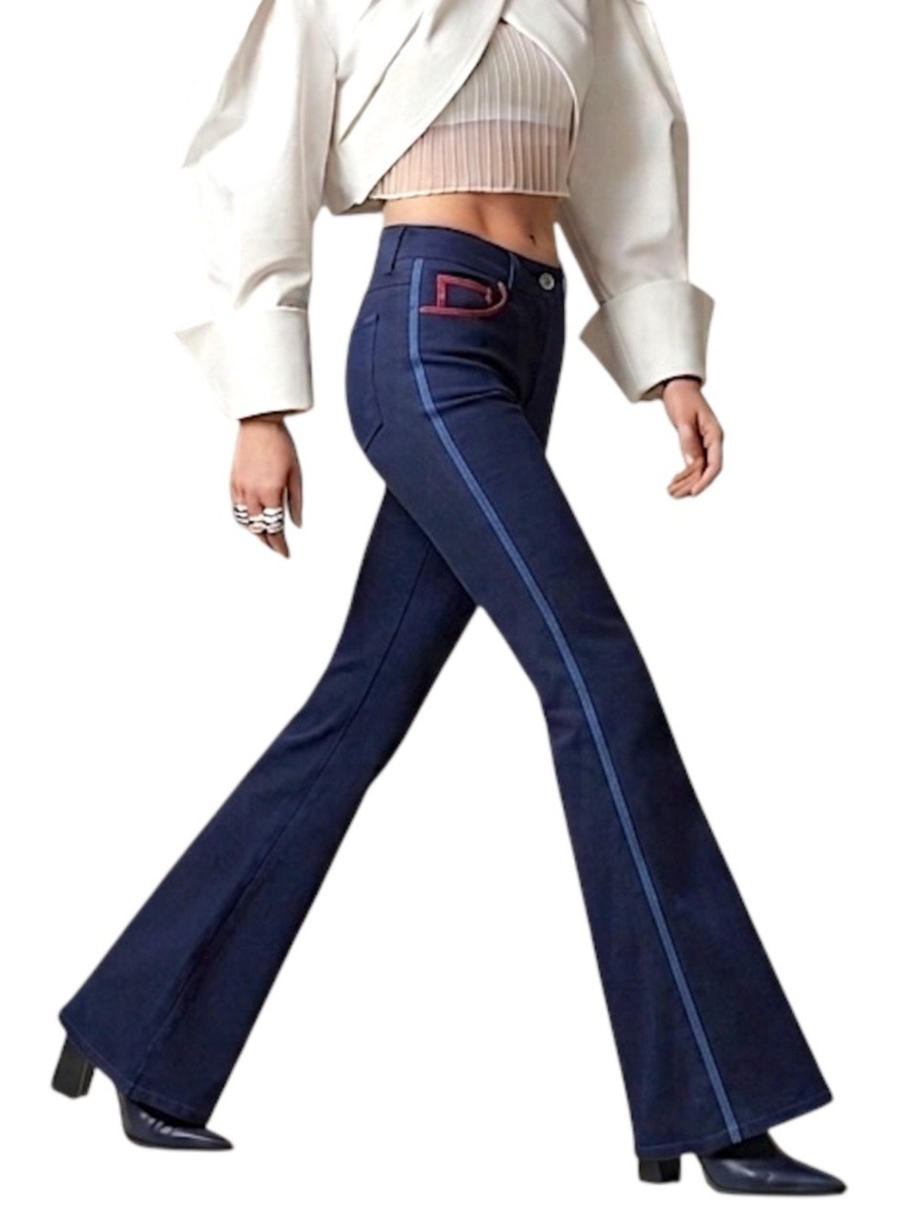 NWT United Colors of Benetton dark blue red royal blue top stitch flare pants 2